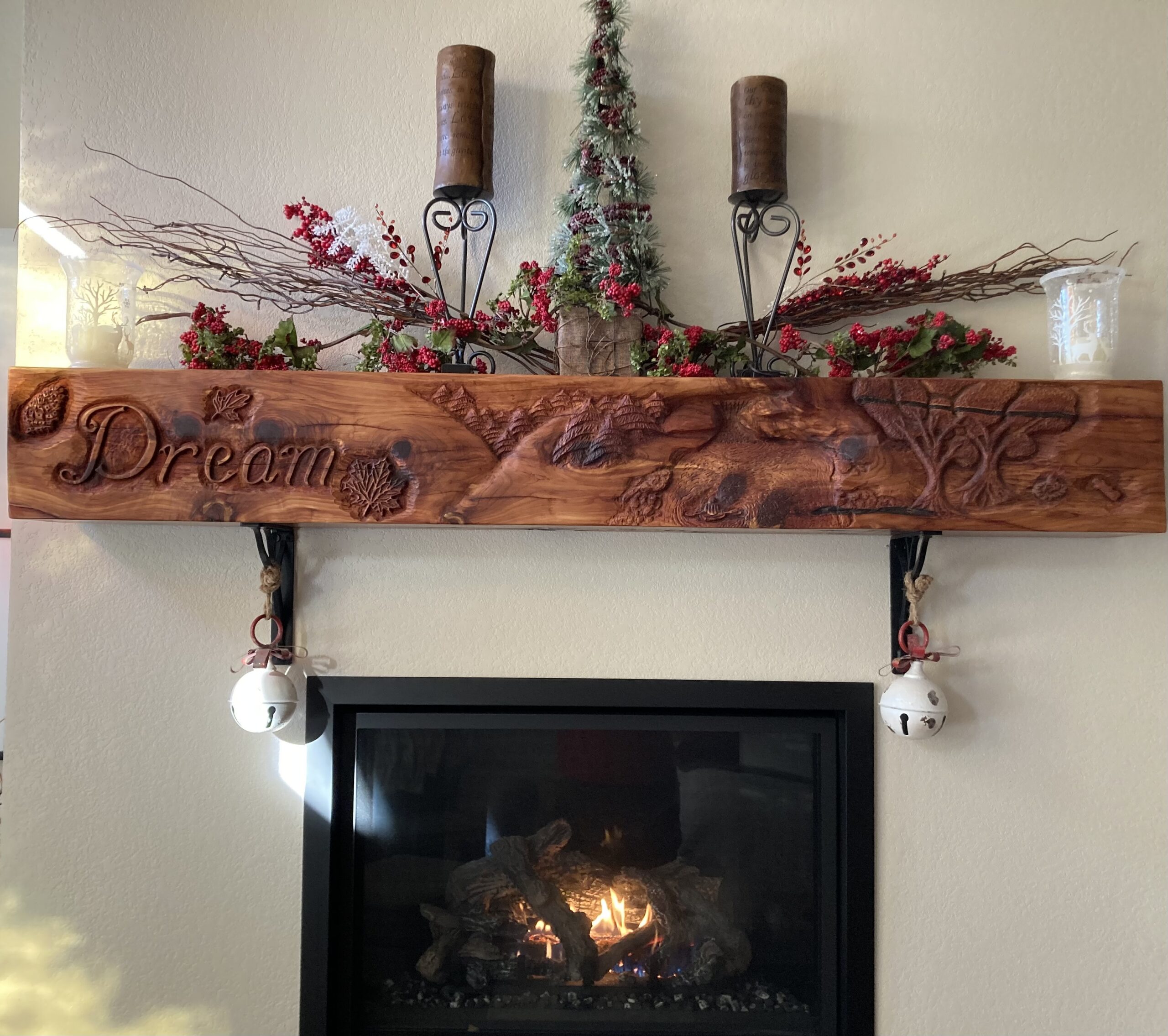 IMG_5397 Hand carved cedar mantle.